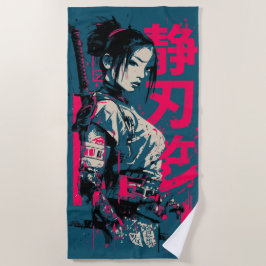 侍の女性 刀 ストリートアート 日本漢字デザイン ビーチタオル