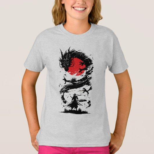 侍の戦士と竜の戦い Tシャツ (正面)