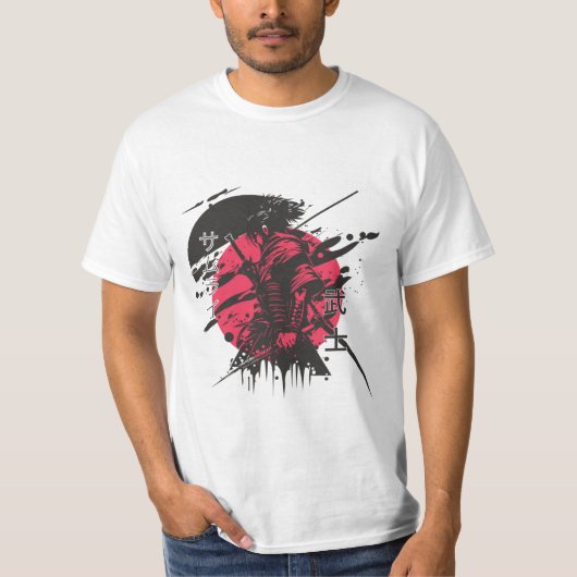 侍の戦士 - 赤い太陽 日本の武士道デザイン Tシャツ (正面)