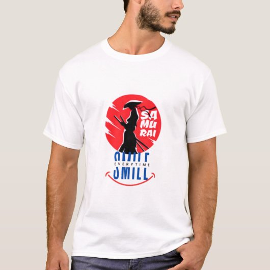 侍の笑顔 ユニークな武士デザイン Tシャツ (正面)