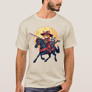 侍カウボーイ猫とアライグマが馬に乗る ユニークなデザイン Tシャツ
