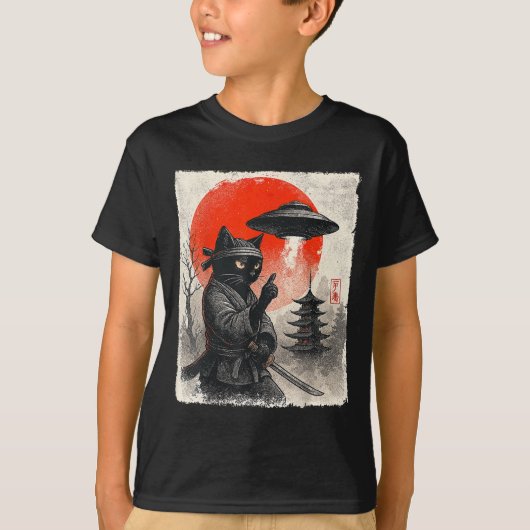 侍忍者猫戦士UFO 日本のアニメギフト Tシャツ (正面)