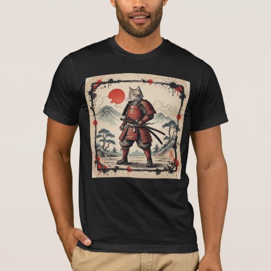 侍猫のイラストTシャツ|日本の夕焼け Tシャツ (正面)