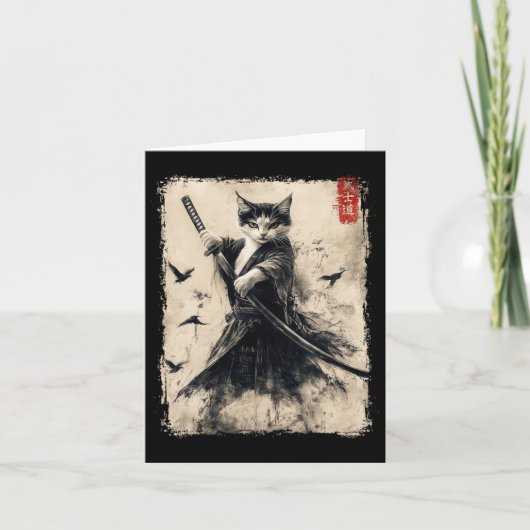 侍猫グラフィックTシャツ戦士ヴィンテージ日本A カード (正面)