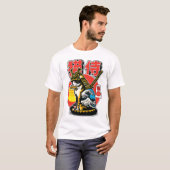 侍猫戦士 - 大胆な和風の波のタトゥー Tシャツ (正面フル)