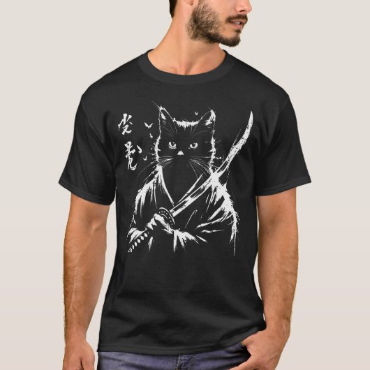 侍猫日本刀着物戦士 Tシャツ (正面)