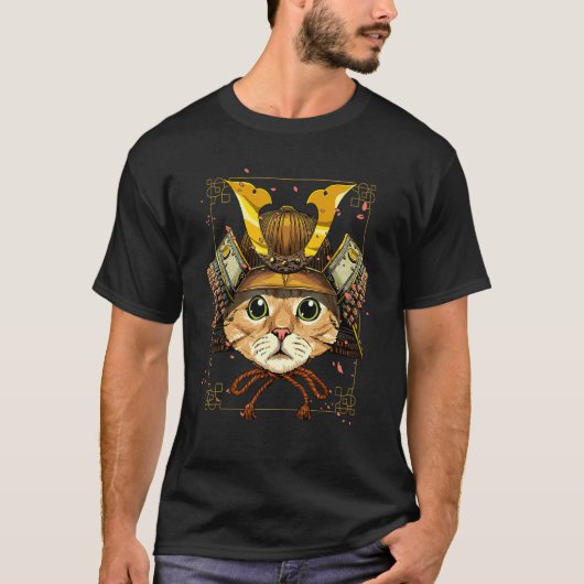 侍 猫 鎧 日本 戦士 武士道 日本 Tシャツ (正面)