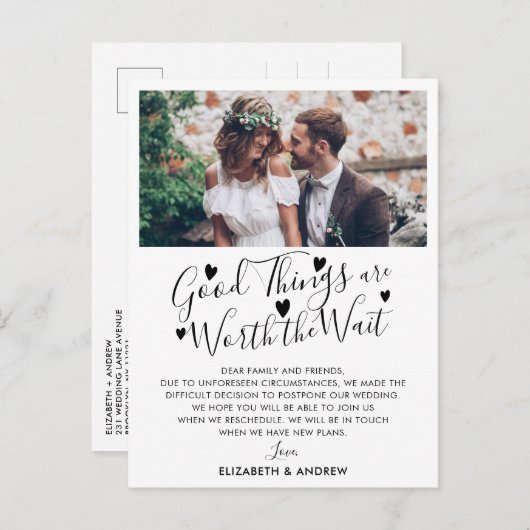価値あるものは待つ価値がある 結婚延期の写真 案内ポストカード (正面/裏面)