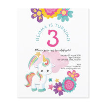 価値のあるユニコーンの女の子の3歳の誕生日パーティー招待状