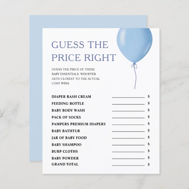 価格のブルーバルーンボーイ赤ちゃんシャワーゲームを推測 (正面/裏面)