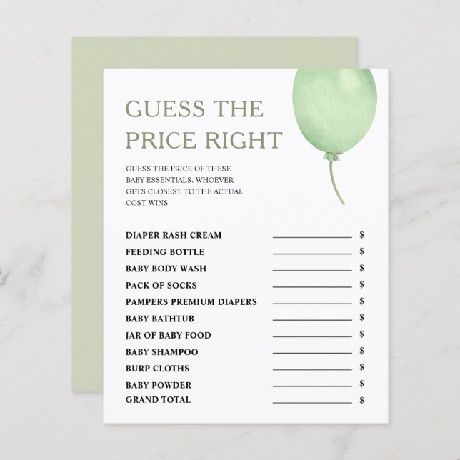 価格の緑のバルーン少年の赤ちゃんシャワーのゲームを推測 (正面/裏面)