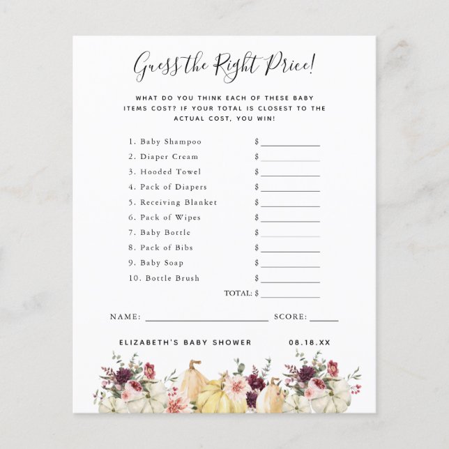 価格を当てろ｜ベビーシャワーのゲーム (正面)