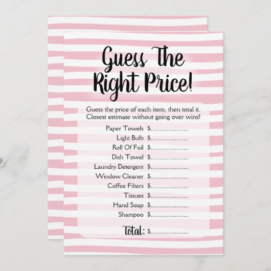 価格を推測するブライダルシャワーゲームピンク白 招待状 (正面/裏面)