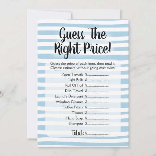 価格を推測するブライダルシャワーゲーム青い白 招待状 (正面)