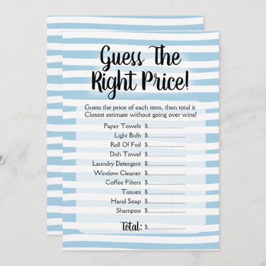 価格を推測するブライダルシャワーゲーム青い白 招待状 (正面/裏面)