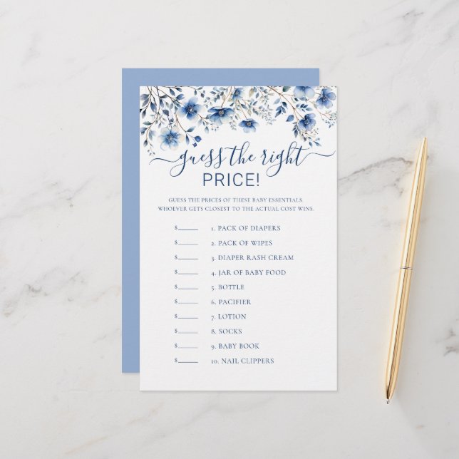 価格を推測するブルーワイルドフラワーベビーシャワーゲーム (正面/裏面インサイチュ)