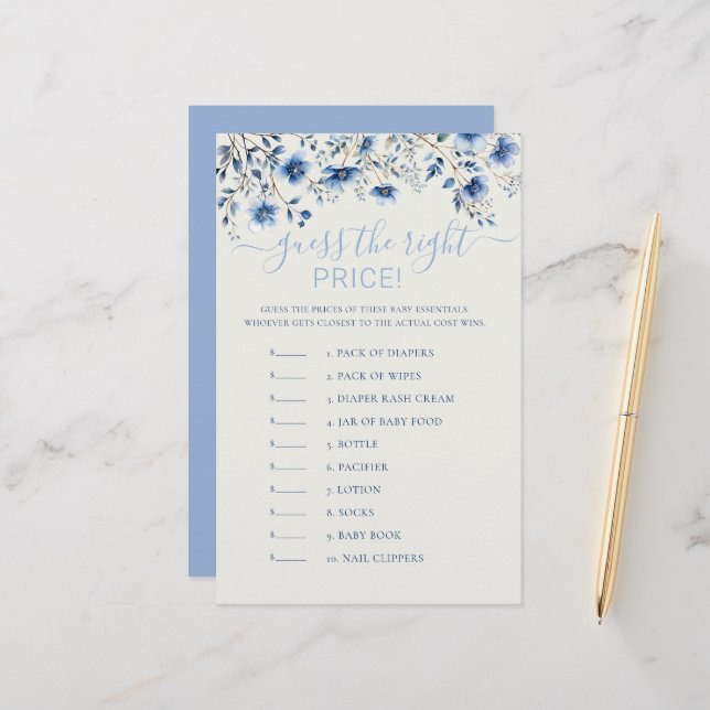 価格を推測するブルーワイルドフラワーベビーシャワーゲーム (正面/裏面インサイチュ)