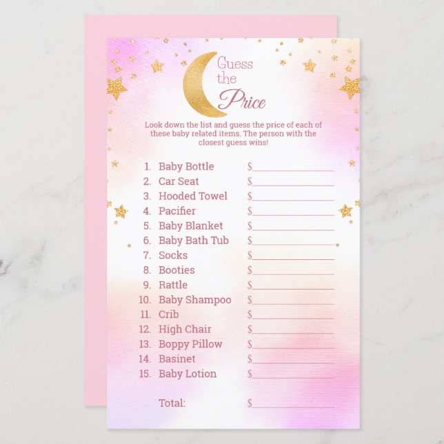 価格を推測する月の星ピンクの赤ちゃんシャワーゲーム (正面/裏面)