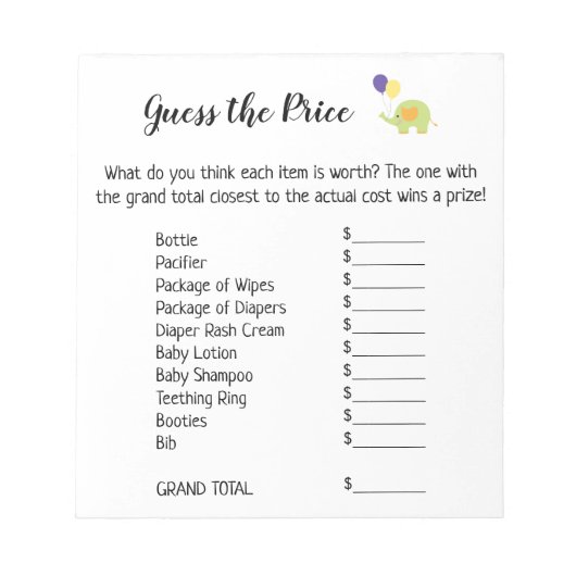 価格を推測する白と可愛い象のゲームページ ノートパッド (正面)