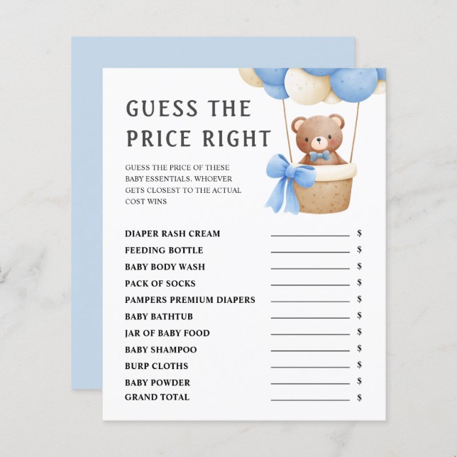 価格を推測する |かわいいテディベア赤ちゃんシャワーゲーム (正面/裏面)