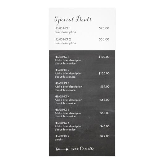 価格サービス一覧モダン矢印ロゴ素朴な灰色 ラックカード (裏面)