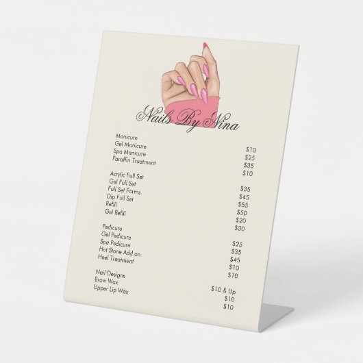 価格表サービス一覧ピンク爪、 ネイル美しいサロン 台座サイン (正面)
