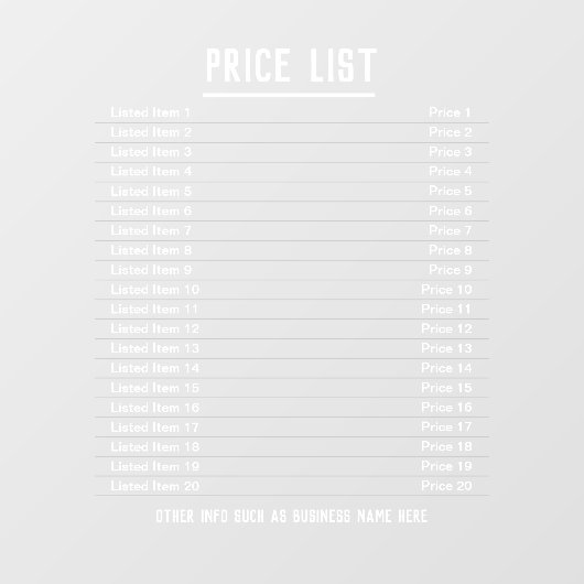 価格表最大20個のアイテムと価格 ウィンドウサイン (シート)