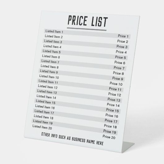 価格表最大20品目とペデスタル価格 台座サイン (正面)