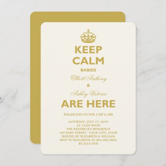保おもしろいCalm Sip & Seeツインズ新生児誕生 招待状 (正面/裏面)