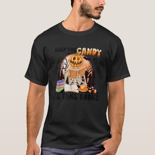 保お菓子で本を持って行くスケルトンかぼちゃファ Tシャツ (正面)