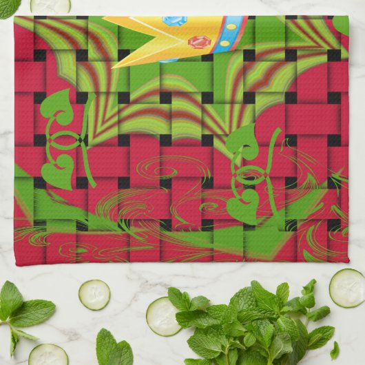 保シンプルプリント:金はっきりした金赤織フローラ キッチンタオル (折り畳み)