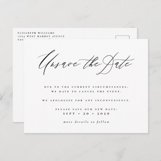 保存しないでください 日程変更のお知らせ 新しい日程発表 インビテーションポストカード (正面/裏面)