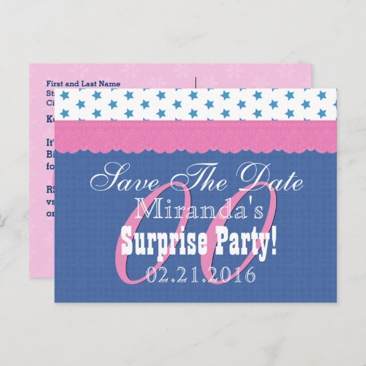 保存する日付任意の年のサプライズ誕生日ブルーS10 案内ポストカード (正面/裏面)