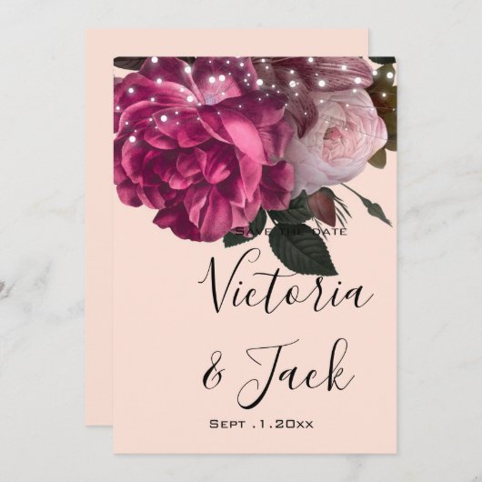 保存する日付String Lights Burgundy Flowers 招待状 (正面/裏面)