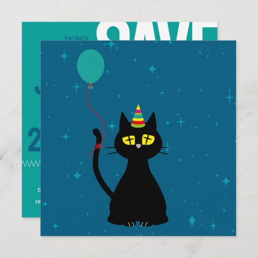保存の日付！ - 面白い猫の誕生日カード 招待状 (正面/裏面)