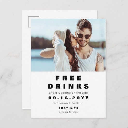 保存を写真が付いている結婚するおもしろいで自由な飲み物日付 案内ポストカード (正面/裏面)