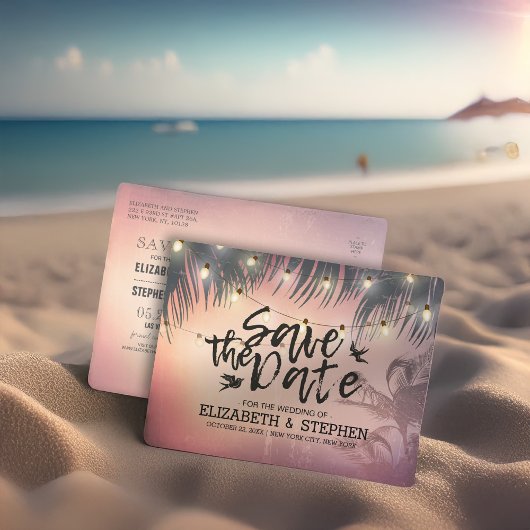保存を結婚します日付の夏のビーチのヤシの木ライト 案内ポストカード