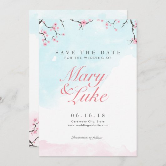 保存を結婚します日付|の水彩画の桜 セーブザデート (正面/裏面)