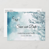 保存を結婚する冬の雪の雪片私達の日付 案内ポストカード (正面/裏面)