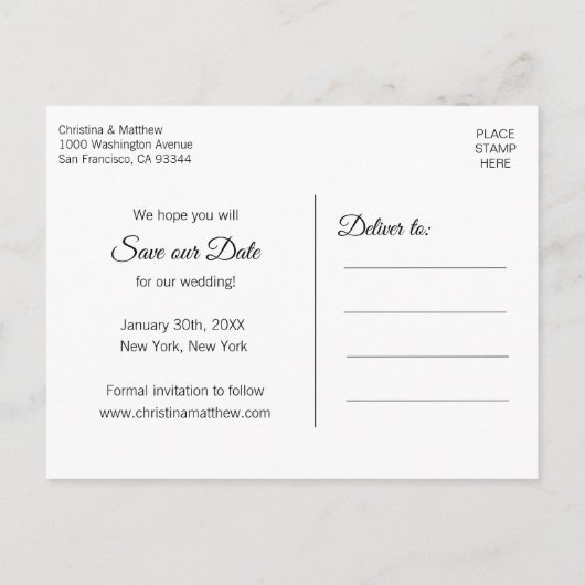 保存を結婚する冬の雪の雪片私達の日付 案内ポストカード (裏面)