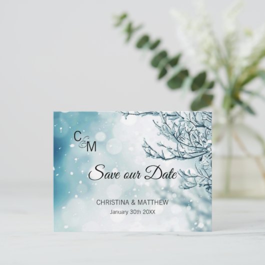 保存を結婚する冬の雪の雪片私達の日付 案内ポストカード (スタンド正面)