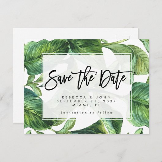 保存を結婚する熱帯シュロの葉日付カード 案内ポストカード (正面/裏面)