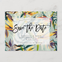 保存を結婚する熱帯花柄ライト日付カード 案内ポストカード