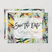 保存を結婚する熱帯花柄ライト日付カード 案内ポストカード (正面/裏面)