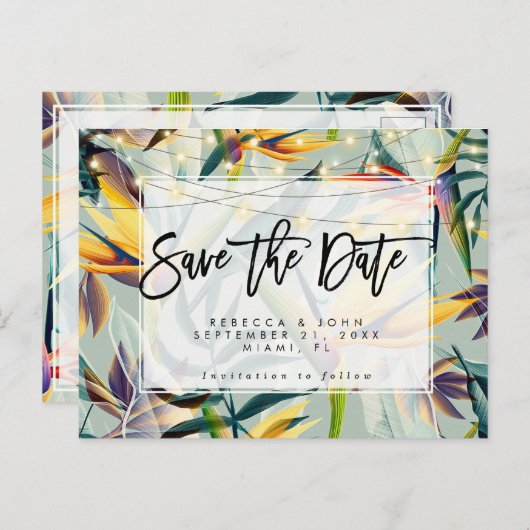 保存を結婚する熱帯花柄ライト日付カード 案内ポストカード (正面/裏面)
