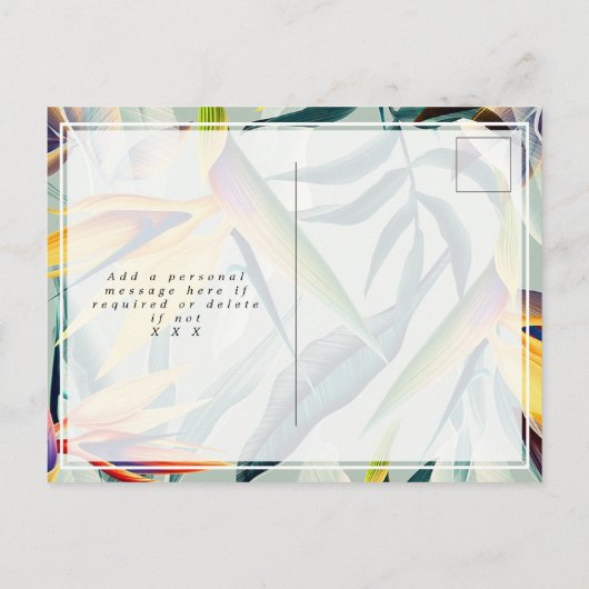 保存を結婚する熱帯花柄ライト日付カード 案内ポストカード (裏面)