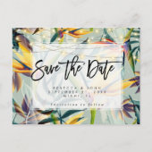 保存を結婚する熱帯花柄ライト日付カード 案内ポストカード (正面)