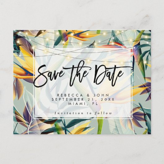 保存を結婚する熱帯花柄ライト日付カード 案内ポストカード (正面)