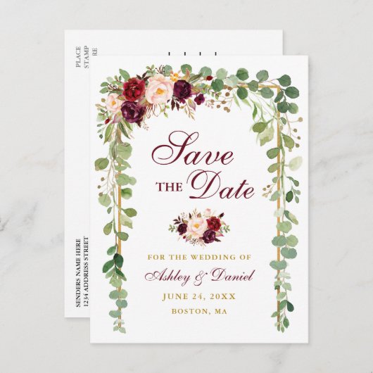 保存ザデイトボタニカルグリーン金ゴールドブルゴーニュフローラ 案内ポストカード (正面/裏面)