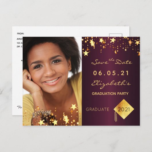 保存日付の写真 卒業パーティー ワインレッド ポストカード (正面/裏面)